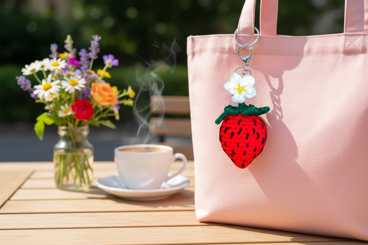 Strawberry Crochet Keychain & Bag Charm — Handmade Cottagecore Accessory