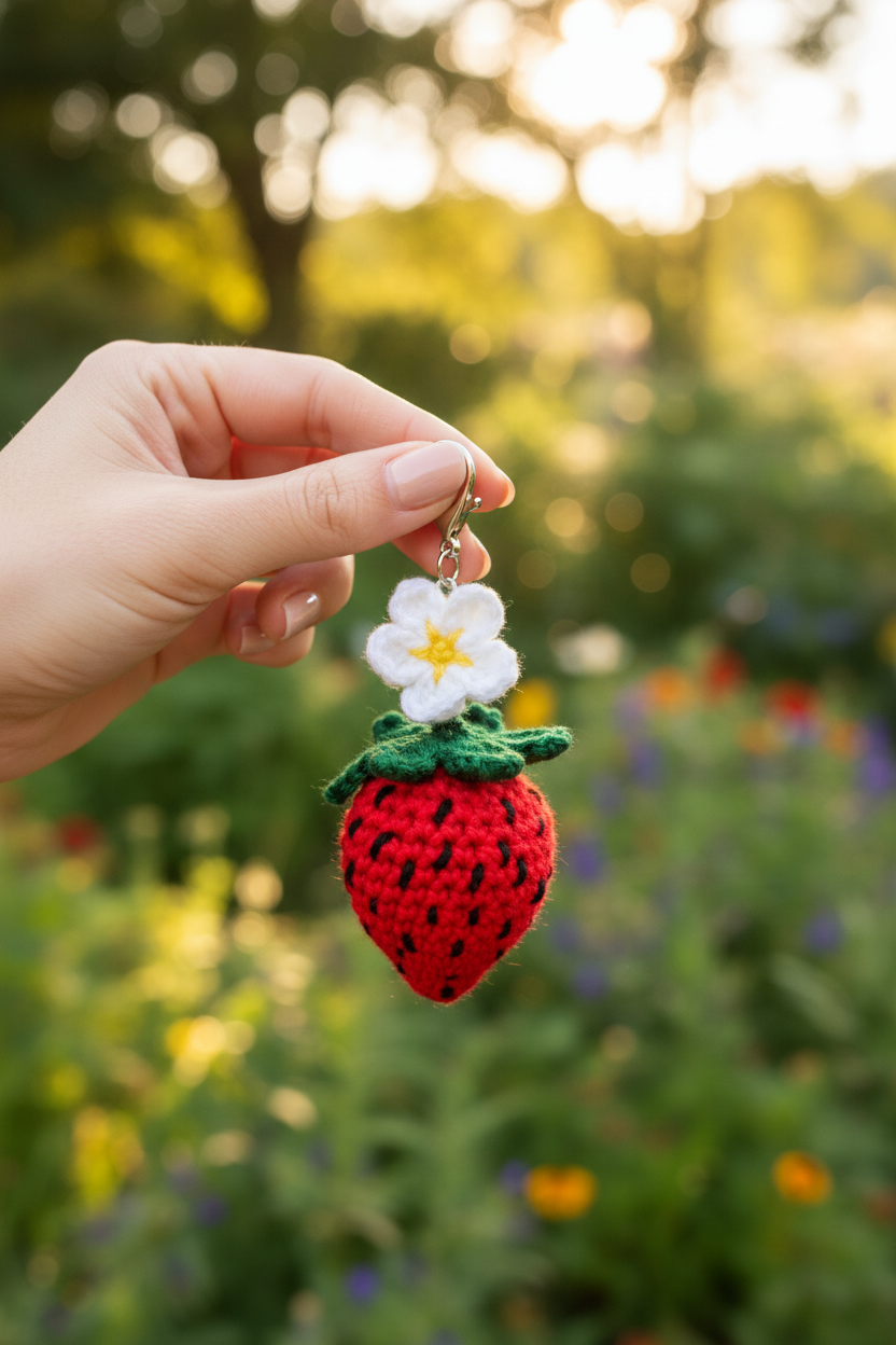 Strawberry Crochet Keychain & Bag Charm — Handmade Cottagecore Accessory