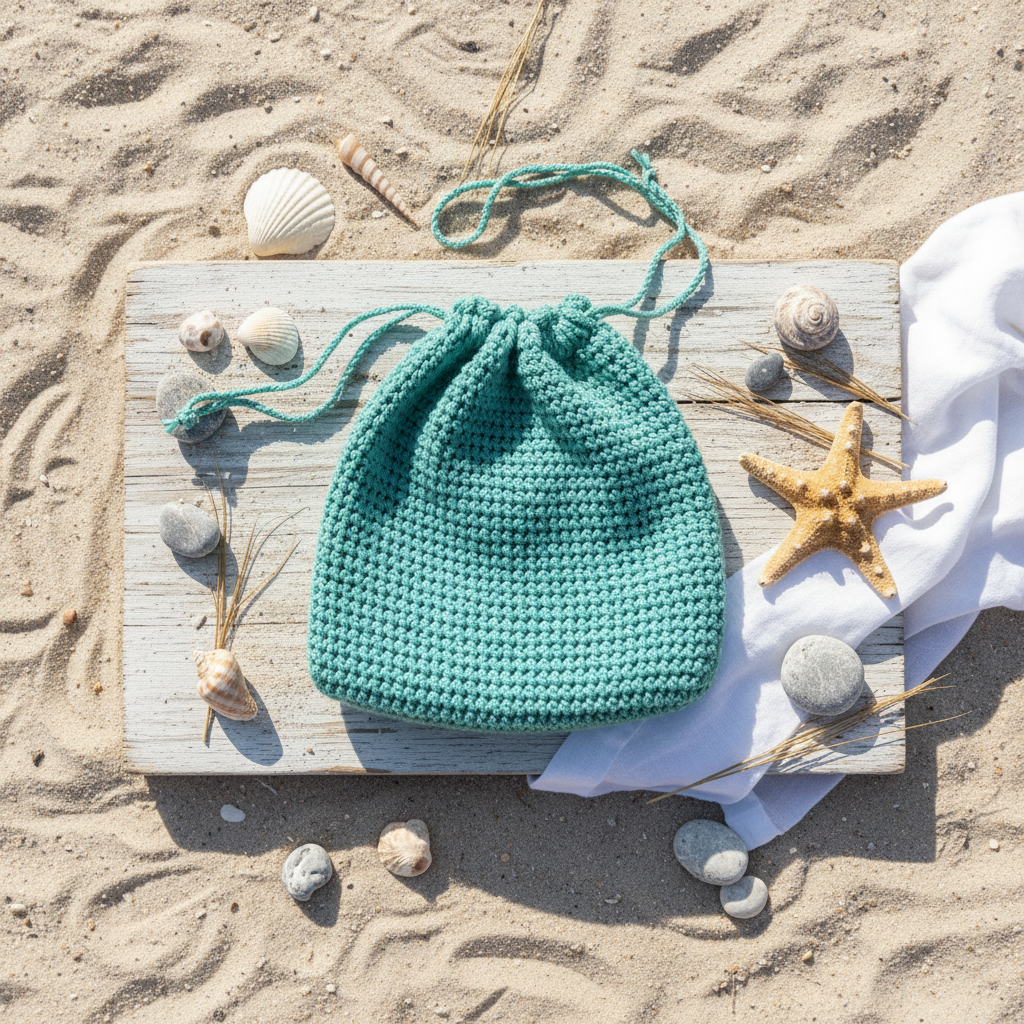 Teal Turquoise Crochet Drawstring Pouch