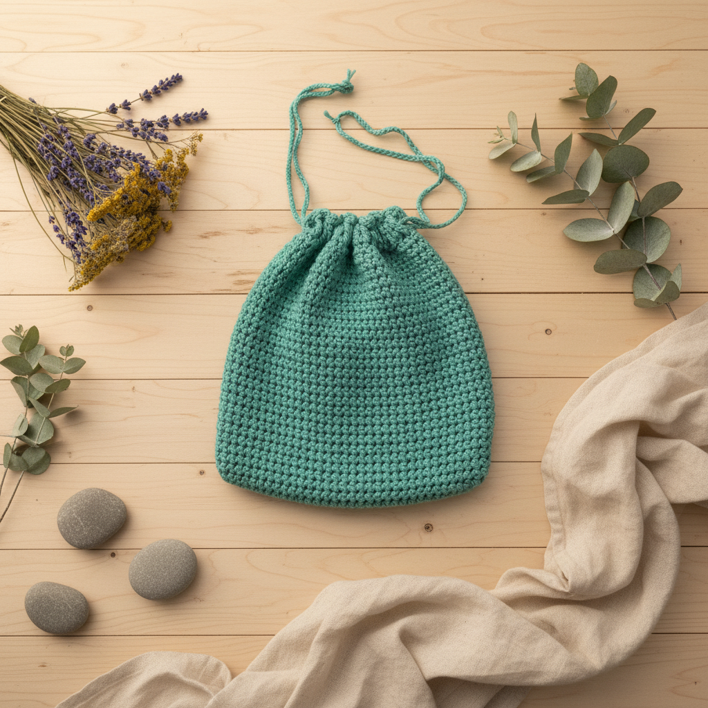 Teal Turquoise Crochet Drawstring Pouch