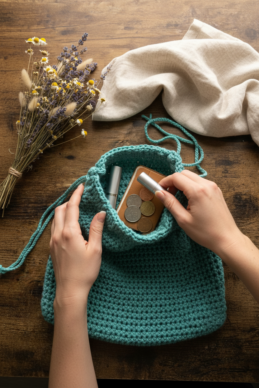 Teal Turquoise Crochet Drawstring Pouch