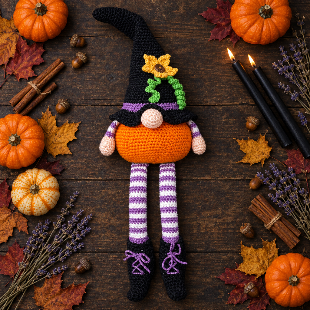 Witch gnome flat lay with pumpkins and candles