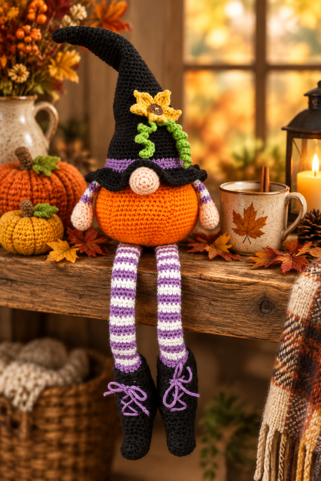 Witch gnome on a cozy fall cottage shelf