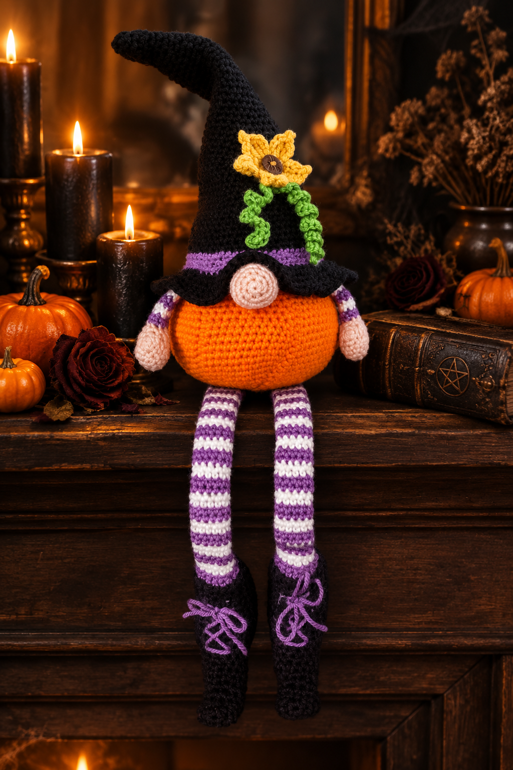 Witch gnome on a moody candlelit mantel