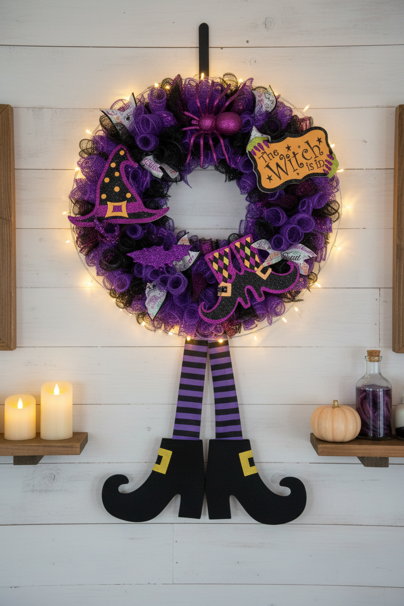 Handmade Halloween Witch Wreath — Purple Deco Mesh Wreath with Witch Legs & "The Witch is In" Sign