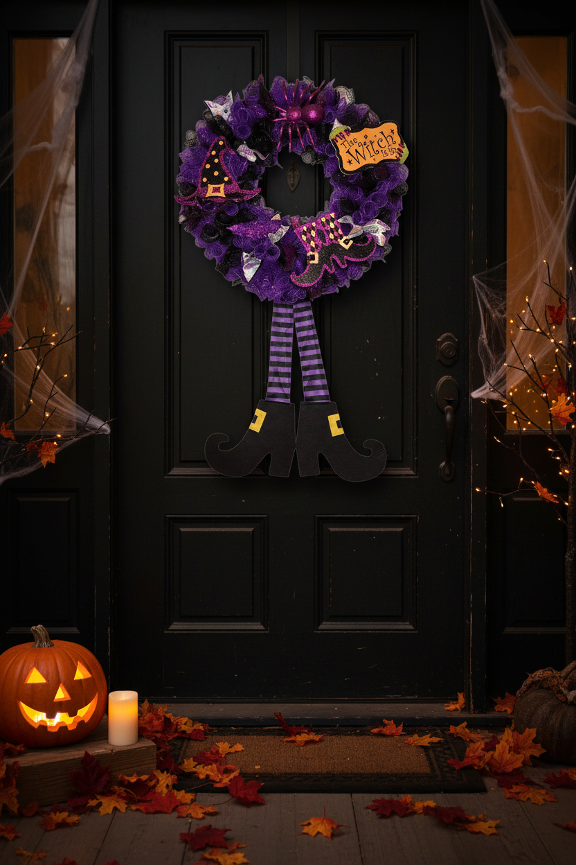 Handmade Halloween Witch Wreath — Purple Deco Mesh Wreath with Witch Legs & "The Witch is In" Sign